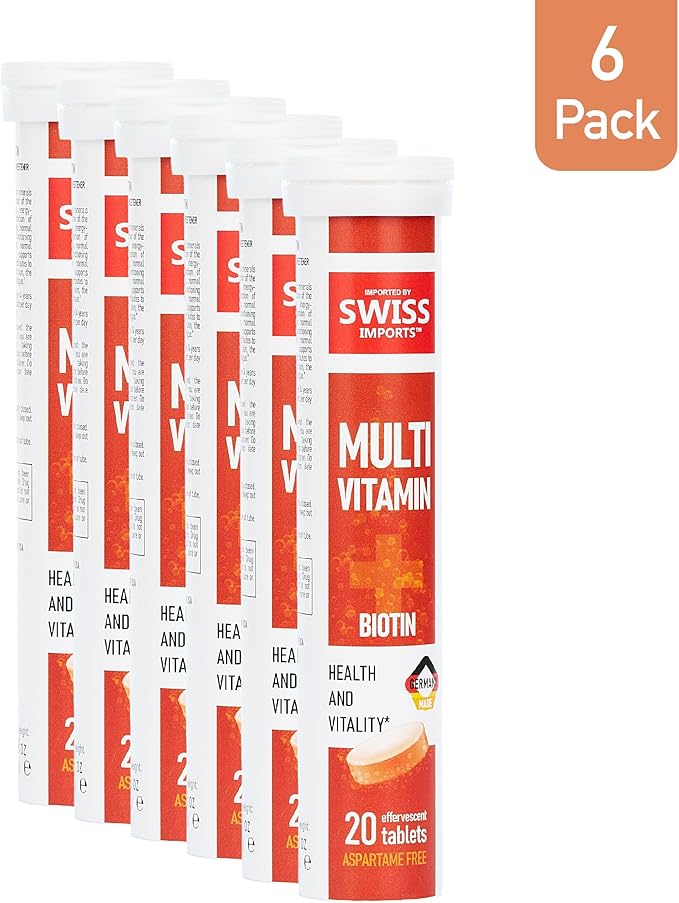Effervescent Multivitamins + Biotin for Wellness and Vitality Dietary Supplement with Vitamins C E B1 B2 B6 B12 A and D3 6-Pack 120 Tablets