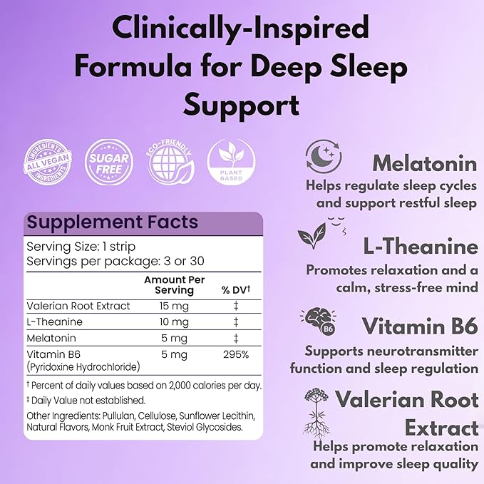 Riize Sleep Strips Fast Acting Dissolvable Oral Supplement with 5mg Melatonin Valerian Root L-Theanine Vitamin B6 Natural Flavors Vegan (30 Count)