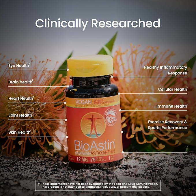 Nutrex Hawaii Vegan BioAstin Hawaiian Astaxanthin - 12mg 75 Softgels - Farm-Direct Premium Antioxidant Supplement to Support Eye Skin Joint &amp Immune System Health - Non-GMO &amp Gluten-Free