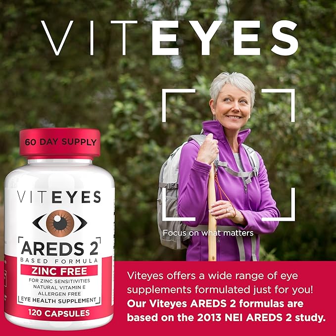 Viteyes AREDS 2 Zinc Free Macular Support Natural Allergen Free Capsules with Vitamin E Vitamin C Lutein &amp Zeaxanthin No Zinc No Copper Eye Doctor Trusted Manufactured in The USA 120 Ct