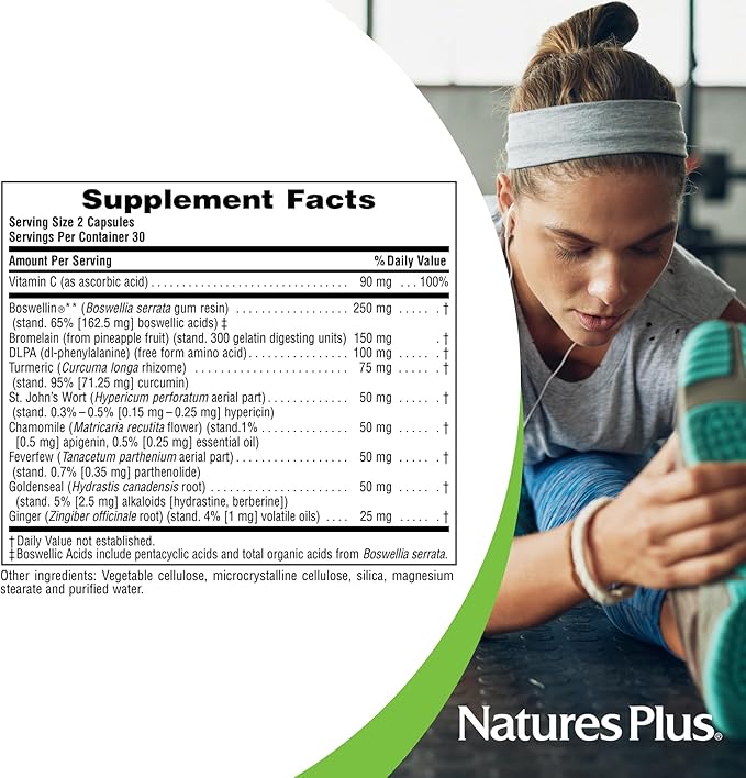 NaturesPlus Herbal Actives InflamActin - 60 Vegetarian Capsules - Herbal Supplement with Turmeric &amp Bromelain - Supports Adaptogenic Function - Vegan Gluten-Free - 30 Servings