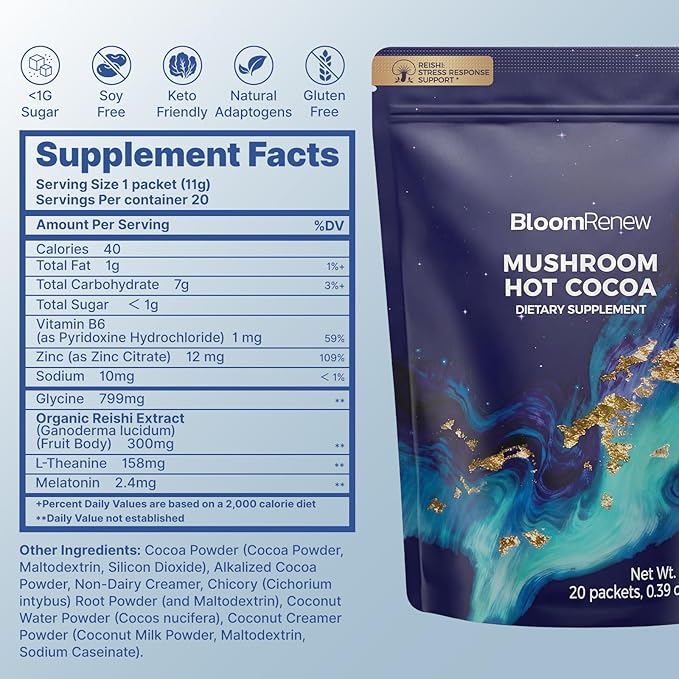 Mushroom Hot Cocoa Natural Sleep Supplement Organic Reishi Melatonin L-Theanine Glycine Cocoa Powder for Deep Sleep &amp Stress Relief Drug Free Keto Friendly Gluten Free 20 Servings