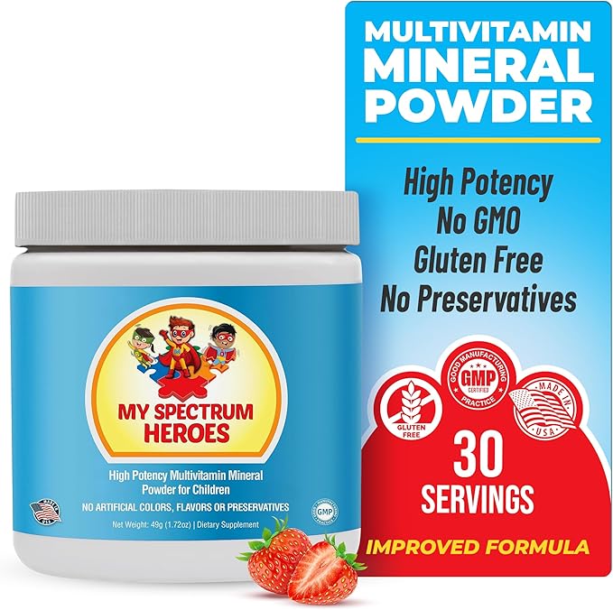 My Spectrum Heroes Kids Powder Multivitamin - Strawberry Powder Supplement Better Absorption Non-GMO Non-Gluten No Artificial Ingredients - Neural Help for Children on The Spectrum - 30 Servings