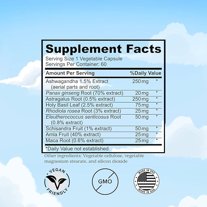 Cortisol Support | Ashwagandha &amp Rhodiola Rosea | 9-in-1 Adaptogen Complex Supplement | Stress &amp Mood Support | 60 Veg Capsules | Made in USA