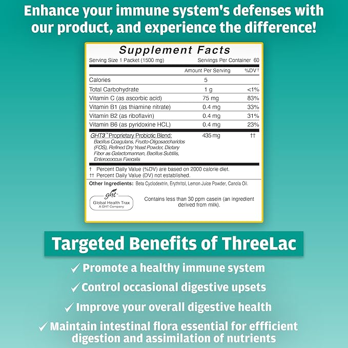 Global Health Trax GHT - ThreeLac Lemon Probiotic Drink Mix for Digestive Health - Advanced Probiotic Powder Formula for Men Women &amp Kids - Immune Support &amp Gut Balance Non-GMO - 60 Packets