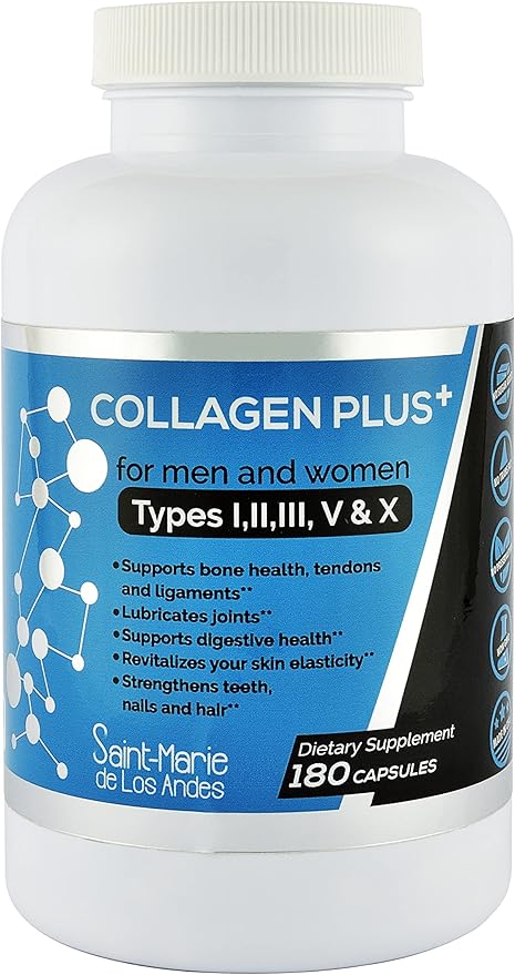 Multi Collagen Pills Plus + 180 Capsules (Types I II III V &amp X) + Absorption Enhancer (3 Months Supply) - Non-GMO Collagen Supplements to Support Hair Skin Nails Joints &amp Gut Health