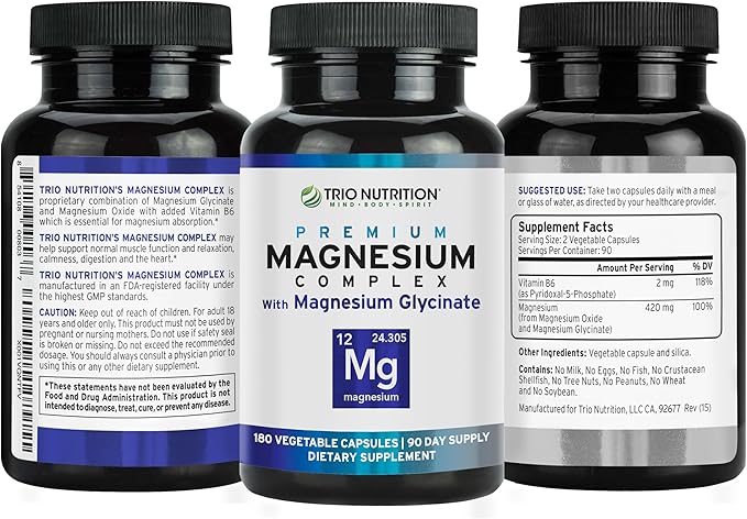 Trio Nutrition Magnesium Complex 90 Day Supply 420 mg | Natural Calm Relax Stress Relief and Muscle Recovery |Magnesium Glycinate Supplement with Vitamin B6 for Rapid Absorption*