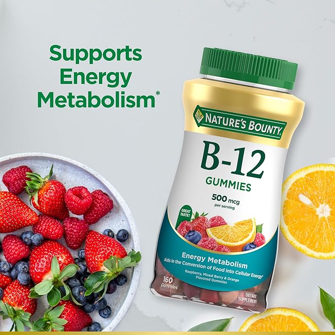 Nature's Bounty Vitamin B12 Gummies Dietary Supplement Supports Energy Metabolism and Nervous System Health Mixed Berry Flavor 500mcg 160 Count (Pack of 2)