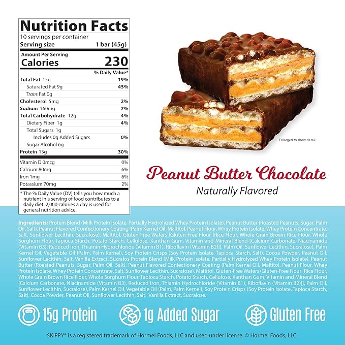 Genius Gourmet SKIPPY® Peanut Butter Chocolate Flavored Wafer Protein Bars15g Protein per serving (30% DV) 1g Sugar Chocolatey Snack Bar – 10 Count