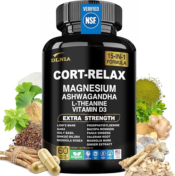 Super Calm Cortisol Supplement with Magnesium Glycinate Ashwagandha KSM-66 L-Theanine Phosphatidylserine Ginkgo Biloba &amp Lions Mane for Calm Focus Mental Clarity Relaxation Sleep Energy