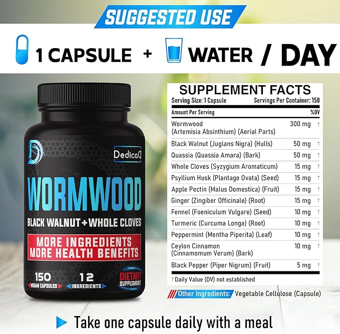 Premium Wormwood Extract Capsules - 5 Month Supply for Immune - 12 Herbs Blended with Black Walnut Leaves Ginger Turmeric &amp More - 150 Counts