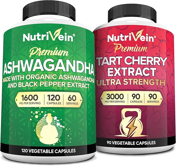 Nutrivein Premium Ashwagandha Capsules &amp Tart Cherry Capsules Bundle: High-Absorption Tart Cherry Extract and Ashwagandha Supplements for Recovery Balance and Vitality