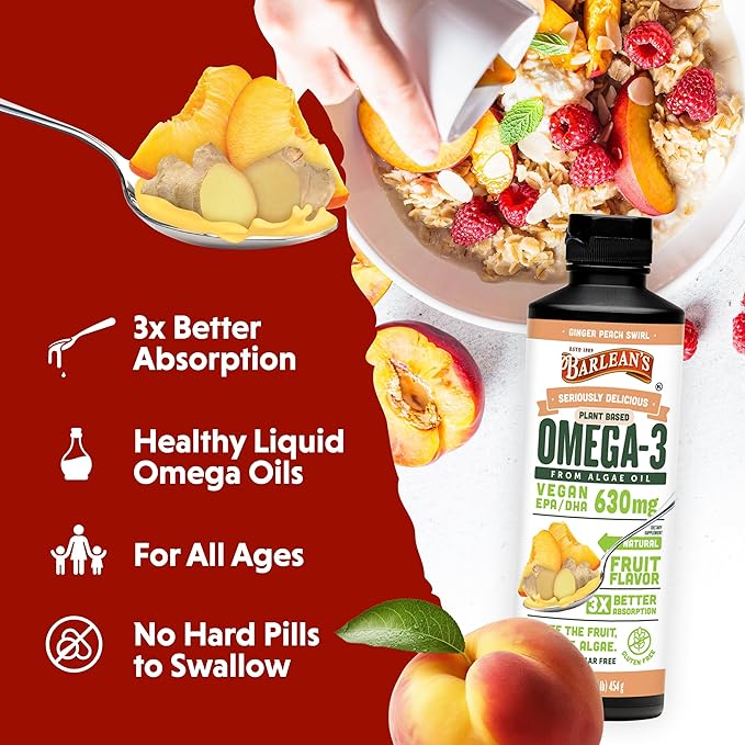 Barlean's Ginger Peach Vegan Omega 3 Supplement Liquid Algae Oil with 630 mg EPA &amp DHA Plant Based Omegas from Algal Oil Non-GMO &amp Gluten Free 16 oz