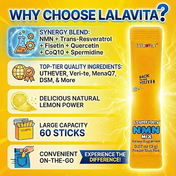 SuperYouth NMN Mix Powder Supplement 8-in-1 60 Stick Packs 2g per Pack Longevity Formula with Resveratrol Fisetin CoQ10 Quercetin Spermidine Natural Lemon Flavor 4.23 oz Total
