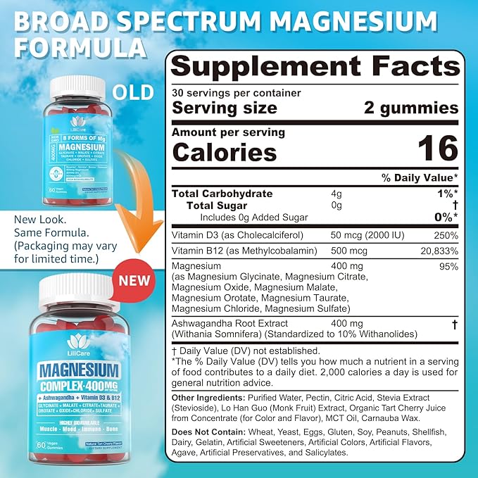 Magnesium Complex Gummies for Women Men 400mg 8 Forms of Magnesium Glycinate Citrate Malate - Sugar Free Calm Magnesium Gummies Supplement with Magnesium Ashwagandha D3 B12 for RelaxVegan120Cts