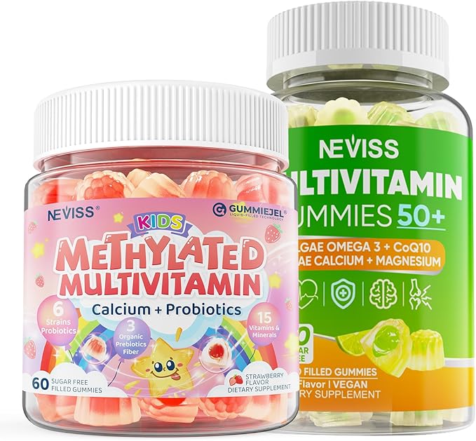 NEVISS Kids Multivitamin Gummies with Calcium Probiotics Vitamin D3 K2 A C + Sugar Free Men 50 + Plus Multivitamins Gummies w/Omega-3 Coq10 D3k2 Calcium