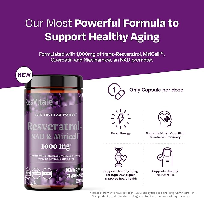 ResVitále Resveratrol + NAD &amp Miricell 1000 mg - Advanced Antioxidant Support for Brain Heart Energy &amp More - 30 Veggie Capsules (30 Servings)