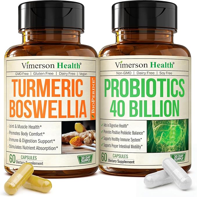 Boswellia Turmeric Curcumin Supplement + 40 Billion CFU Probiotics for Women &amp Men with Prebiotics Bundle for Joint &amp Immune Support Digestive &amp Gut Health – with Ginger Root Organic Tur