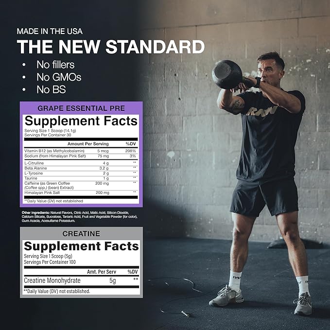 RAW Nutrition Creatine Monohydrate &amp Grape Pre-Workout Powder Bundle