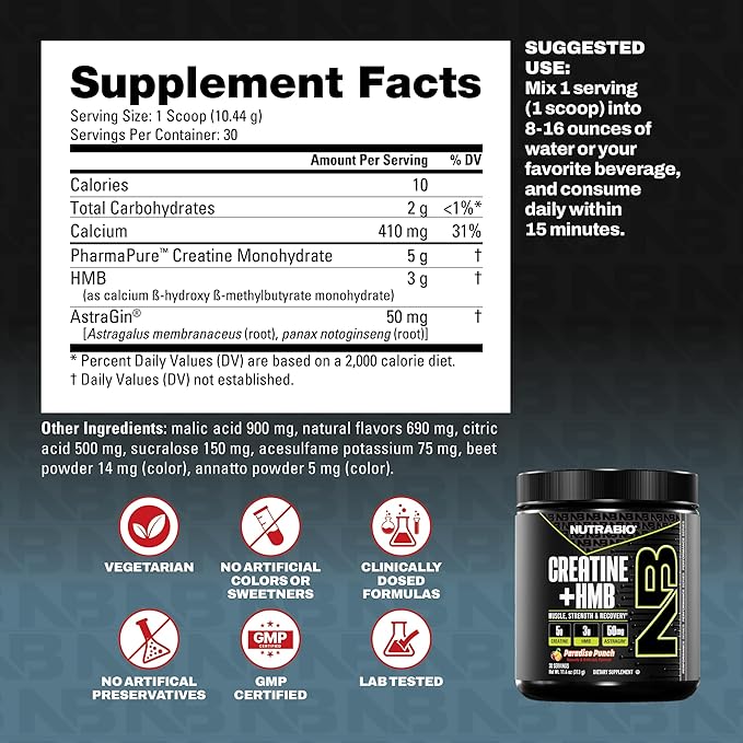 NutraBio Creatine + HMB- Creatine Monohydrate with HMB Powder for Muscle Growth Increased Strength- 30 Servings (Paradise Punch)