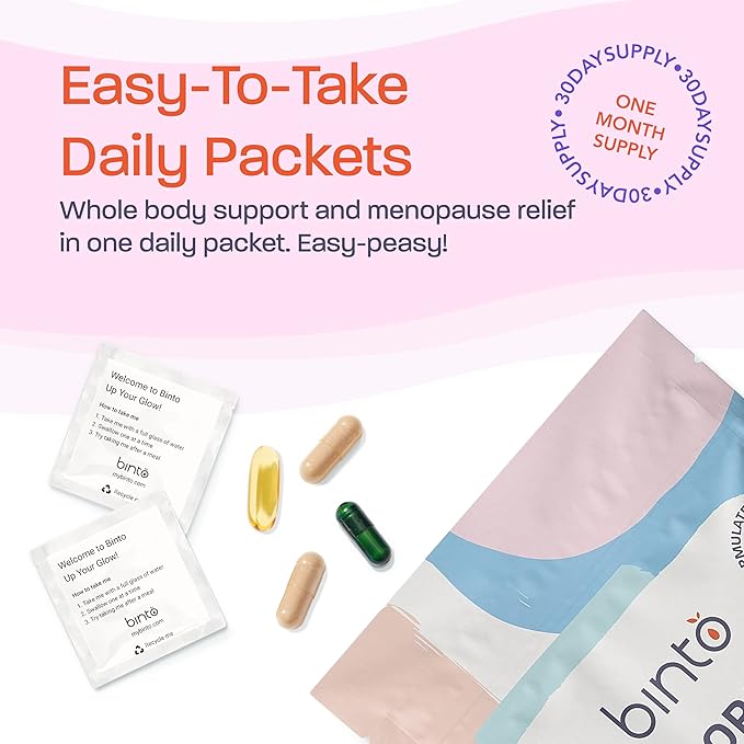 Binto Complete 4-in-1 Multi-Symptom Menopause Relief Kit Supplements - 1 Month Supply - Multivitamins with Omega-3 Ashwagandha and Probiotics/Prebiotic Fiber Blend - Non-GMO