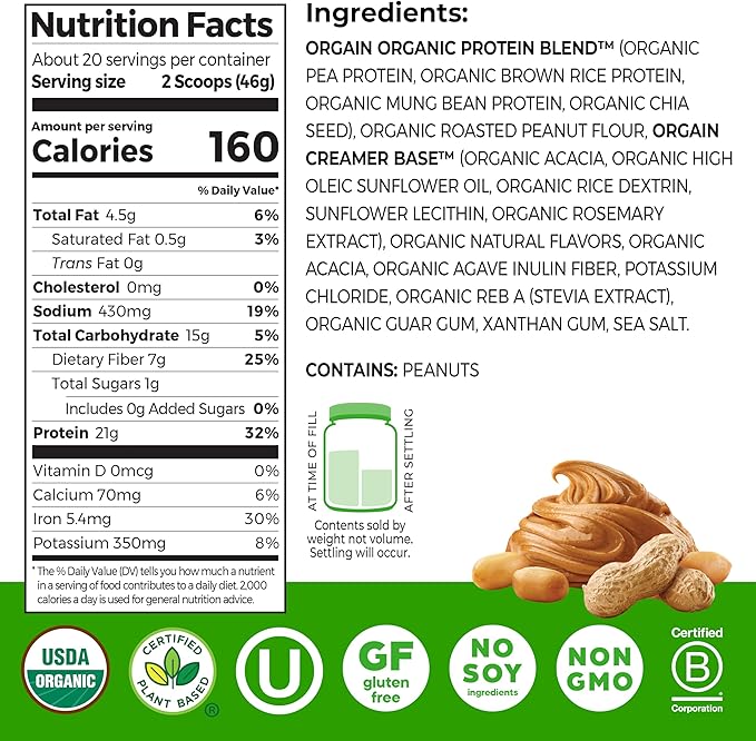 Orgain Organic Vegan Protein Powder Peanut Butter - 21g Plant Protein 7g Prebiotic Fiber Low Net Carb No Dairy Ingredients No Added Sugar For Shakes &amp Smoothies 2.03 lb (Packaging May Vary)