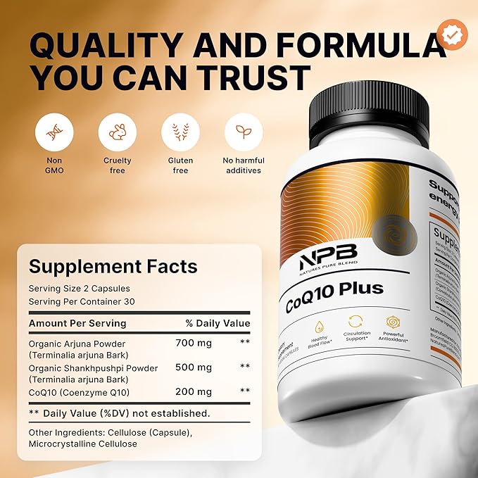 Nature's Pure Blend CoQ10 Plus – Antioxidant Formula with Arjuna &amp Shankhpushpi – CoQ10 Ubiquinol for Circulation Blood Flow &amp Energy – Coenzyme Q10 Supplement for Immune System – 60 Capsules