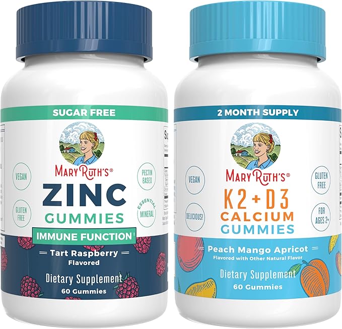 MaryRuth Organics Zinc (Tart Raspberry) &amp Vitamin K2+D3 Calcium Gummies (Peach Mango &amp Apricot) | Clean Label Project Verified® | Vitamins for Immunity &amp Joint and Bone Health | Vegan Non