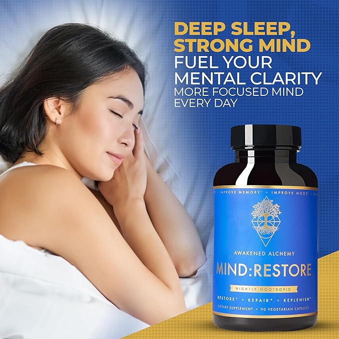 MIND:RESTORE Premium Nighttime Nootropic Supplement | Brain Nutrition for Memory and Sleep | 9 Premium Ingredients | L Theanine Lions Mane Choline Magnesium L Threonate Vitamin B6 Bacopa Monnieri