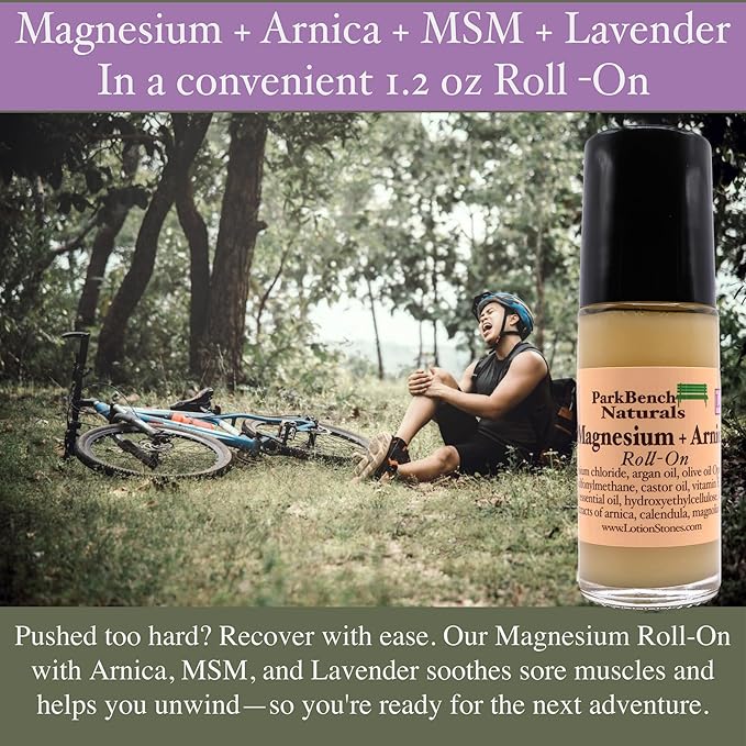 Park Bench Naturals Lavender Magnesium Roll-On – Relaxing Aromatherapy with Magnesium Chloride MSM &amp Arnica – Natural Topical Relief for Sleep Stress &amp Muscle Tension – 1.2 oz Glass Bottle
