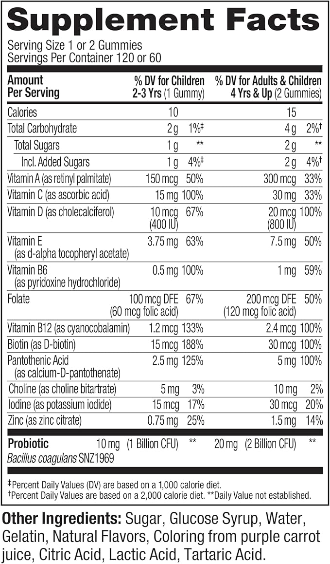 OLLY Kids Multivitamin &amp Probiotic Gummy Digestive Support Vitamins A D C E B Zinc Chewable Supplement Berry Flavor 60 day supply - 120 Count