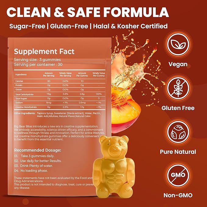 Creatine Monohydrate Gummies Bundle – Strawberry &amp Peach | 5000mg Per Serving | Sugar-Free Gluten-Free &amp Halal | 180 Gummies Total (2 x 90 Count) | for Men &amp Women