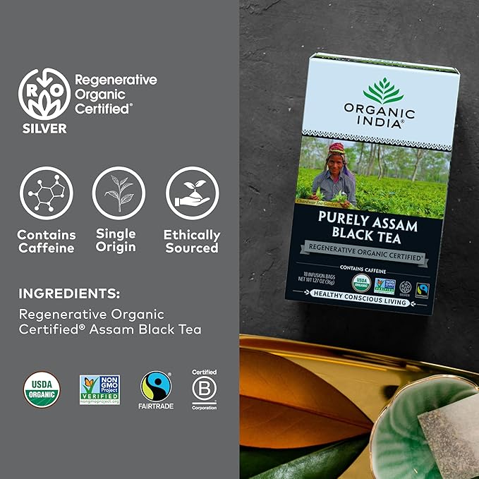 Organic India Purely Assam Black Tea - Caffeinated Herbal Tea Bags with Natural Assam Leaves Enjoy with Milk &amp Sweetener USDA Organic Non-GMO Fairtrade Certified - 18 Bags (Pack of 3)