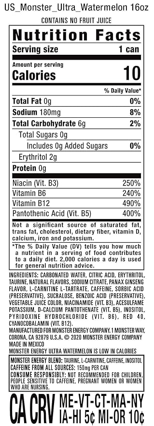 Monster Energy Ultra Watermelon Sugar Free Energy Drink 16 Ounce | Pack of 15