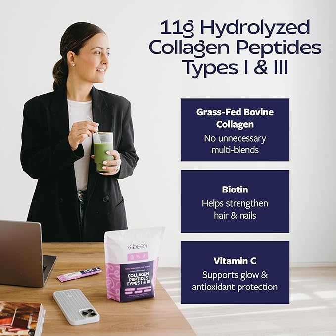 Hydrolyzed Collagen Peptides Powder Packets with Biotin &amp Vitamin C 11g Collagen Per Serving Stick Grass-Fed Bovine Type 1 and 3 Per Serving (Unflavored) (20 Servings)