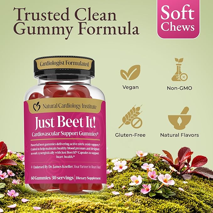 Just Beet It! Beet Root Gummies - Blood Pressure &amp Circulation Support Beet Gummies - Nitric Oxide Booster with CoQ10 &amp Grape Seed Extract - Heart Health &amp Energy for Men &amp Women - 60