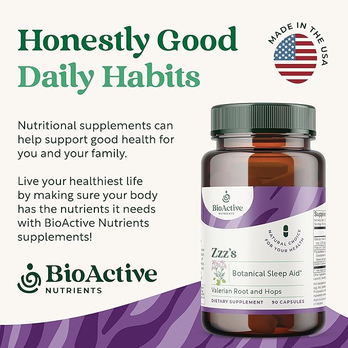 BIOACTIVE NUTRIENTS Zzz's Botanical Sleep Aid - with GABA L-Theanine Lemon Balm Valerian Root and Ashwagandha Root - Super Greens Ashwagandha Capsules Mens and Womens Vitamins (90 Capsules)*