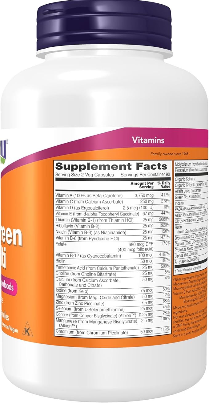 NOW Supplements EcoGreen Multi Vitamin with Green Superfoods Iron-Free 180 Veg Capsules