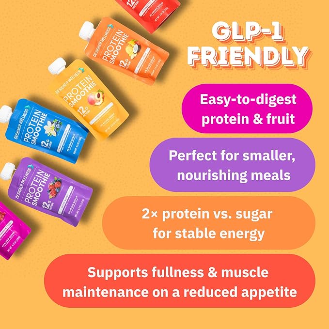 Designer Wellness Protein Smoothie Real Fruit 12g Protein Low Carb Zero Added Sugar Gluten-Free Non-GMO No Artificial Colors or Flavors Raspberry Passion Fruit 12 Count