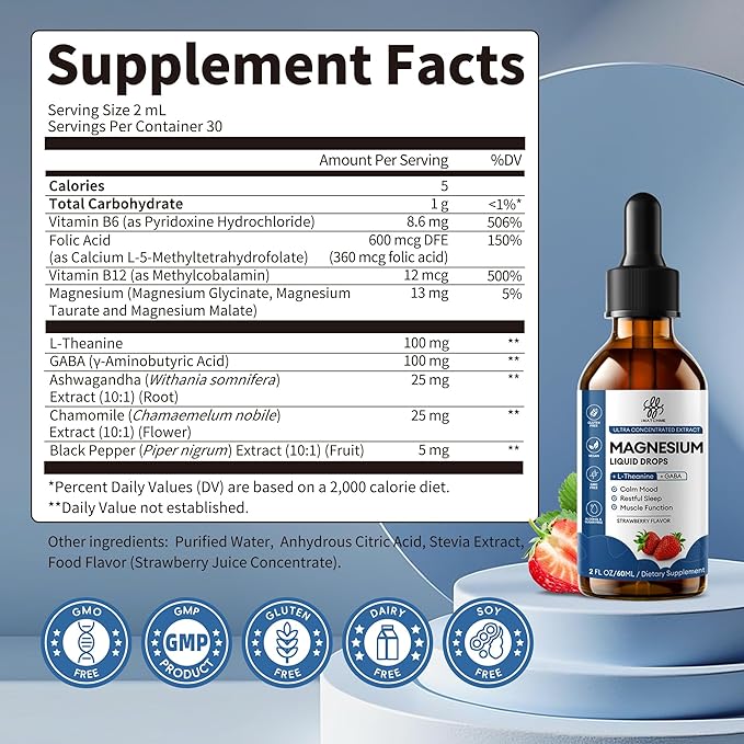 Sleep Support Liquid Magnesium Glycinate Drops for Nighttime Calm Triple Chelated Magnesium Complex with L-Theanine &amp GABA Pre-Dissolved Liquid for Enhanced Absorption Strawberry Flavor 2 Fl O
