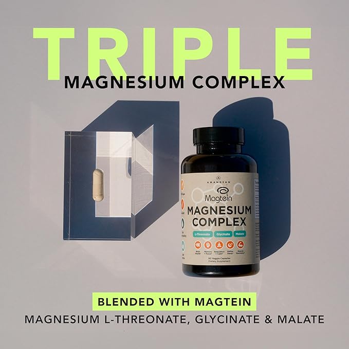 AMANDEAN Magtein Magnesium Complex. L-Threonate Glycinate Malate Triple Blend Chelated Magnesium Supplement. 90 Veggie Capsules. High Absorption Branded Ingredients. Brain Health Sleep Calm*.