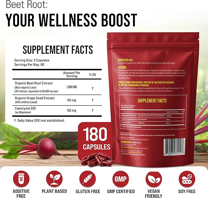 Beet Root Capsules with Grape Seed &amp CoQ10 - Blood Pressure Support Supplement - Nitric Oxide Booster - Super Beets Supplement for Heart Energy Circulation - 180 Vegan Capsules Non GMO