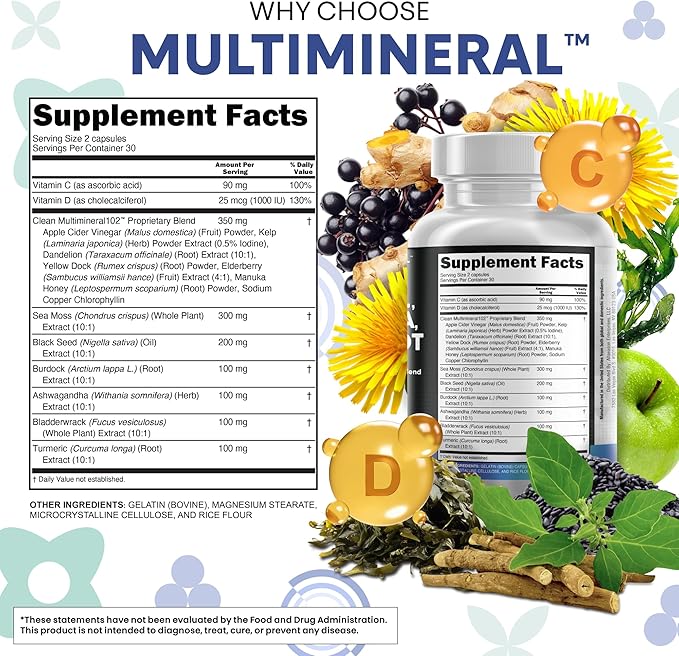 Clean Nutraceuticals Sea Moss Black Seed Oil Ashwagandha Turmeric Bladderwrack Burdock &amp Vitamin C Vitamin D3 with Elderberry Manuka Dandelion Yellow Dock Iodine Chlorophyll ACV - 2Pack