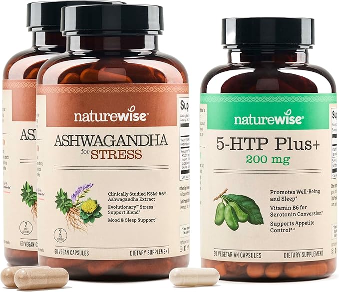 NatureWise (Pack of 2) Ashwagandha for Stress + GABA &amp L-Theanine - 60 Capsules[30-Day Supply] + [1] 5-HTP 200mg + Vitamin B6 - Non-GMO Vegan - 60 Capsules[60-Day Supply]