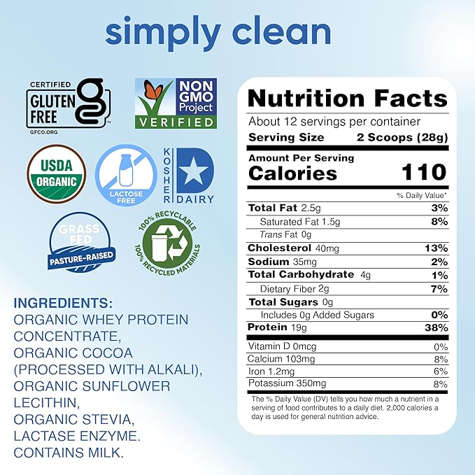 Simply tera's Lactose Free Organic Whey Protein Powder - Lactose Free Dark Chocolate 19g of Protein Per Serving Non-GMO Gluten-Free rBGH-Free Kosher - 12 Oz