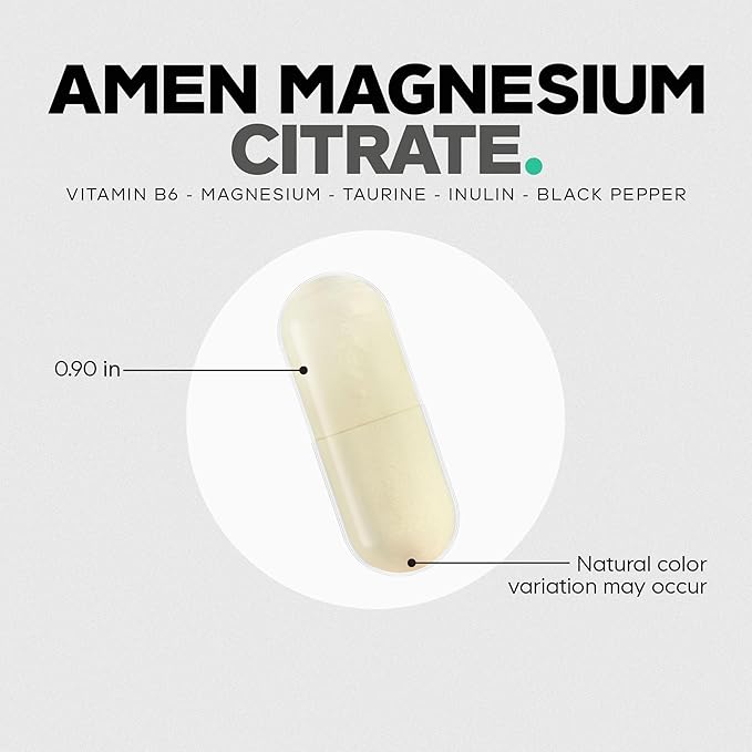 Amen Magnesium Citrate Supplement - Magnesium Pills with Vitamin B6 P5P Taurine Inulin Bioperine Black Pepper - Gluten-Free Non-GMO- 60 Capsules