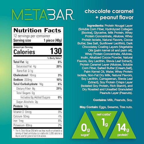 *NEW* No Sugar META BAR - High Protein Energy Bars 0g Sugar 14g Protein Low Net Carb Chocolate Caramel &amp Peanut - Grab &amp Go Protein Snack Bars with Six Layers of Decedent Delight - Gluten