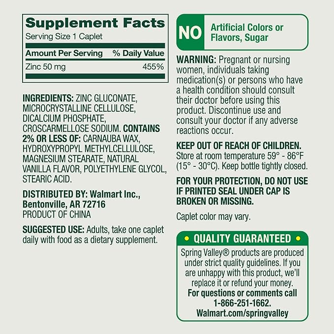 Spring Valley Zinc Dietary Supplement Caplets for Immune Health 50 mg 200 Count