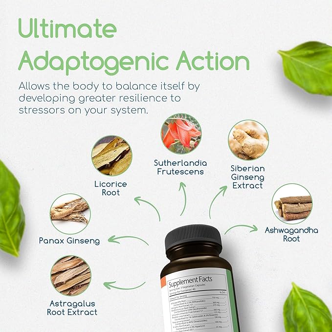 Adaptogen Immune Adaptogens Supplements Ashwagandha Supplements with Siberian Ginseng Astragalus Root and More - Promotes Healthy Body Functioning - Stress Relief Supplement 120 Capsules