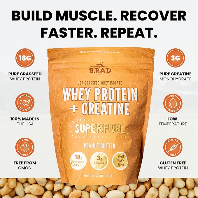 B.rad Superfuel - Grass Fed Whey Protein Isolate Boosted with Creatine | Farm-Fresh Easy-to-Digest Clean Ingredients | 2 Pounds | 100% USA Sourced | Peanut Butter